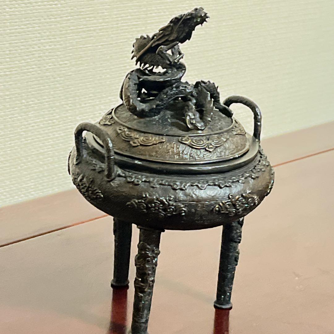 極上品】高岡銅器 龍彫刻 香炉 青銅製 三つ足 縁起物 伝統工芸 10
