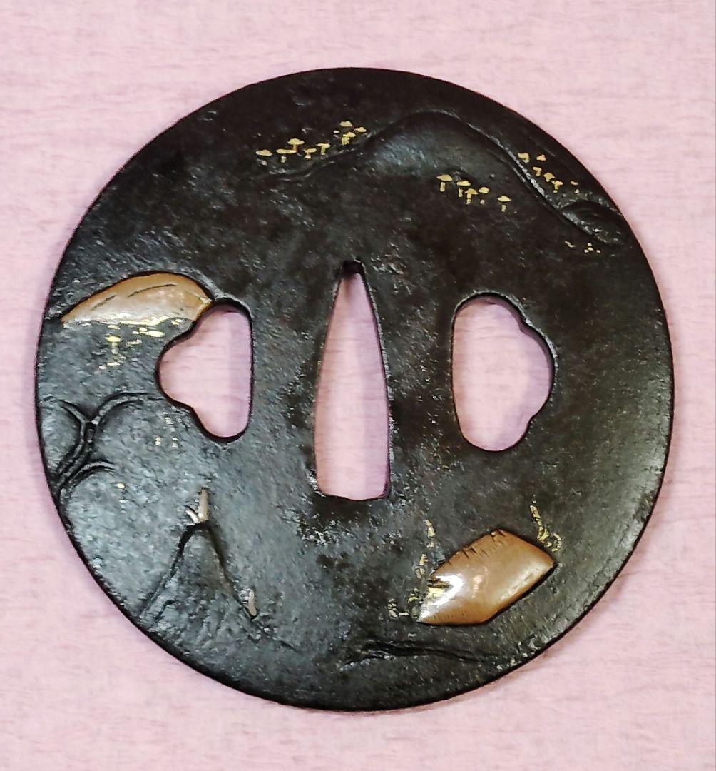 刀装具 鐔 鍔 無銘 鉄地 金象嵌 色絵 風景図 丸形鐔 時代物