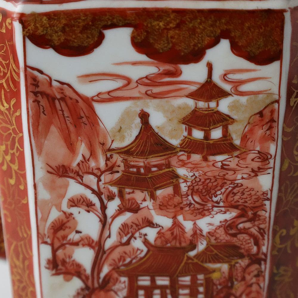 時代年代物 九谷焼 赤絵金彩 唐草 花鳥 楼閣図 水注