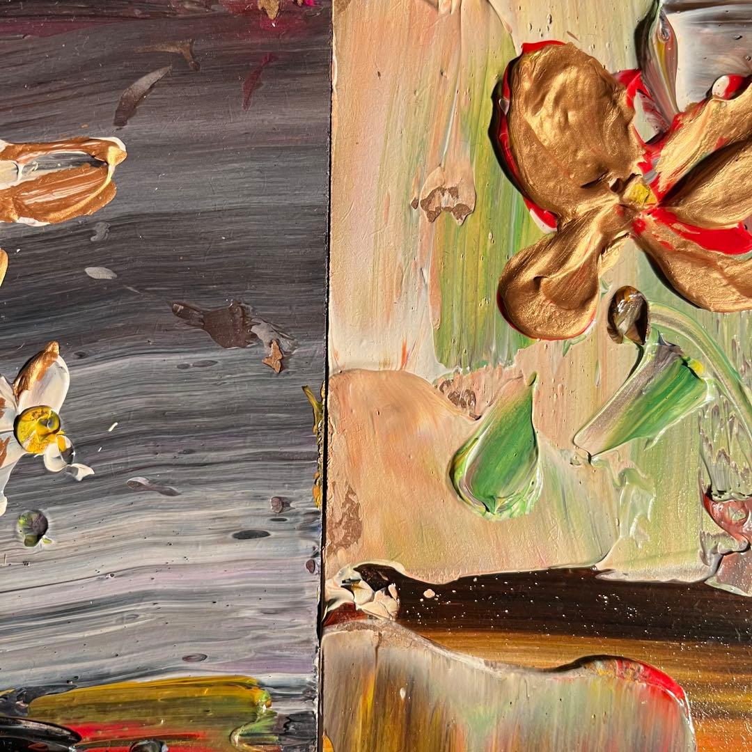 手書き油絵 ゴールドフラワー 額付 絵画 インテリア 油彩画