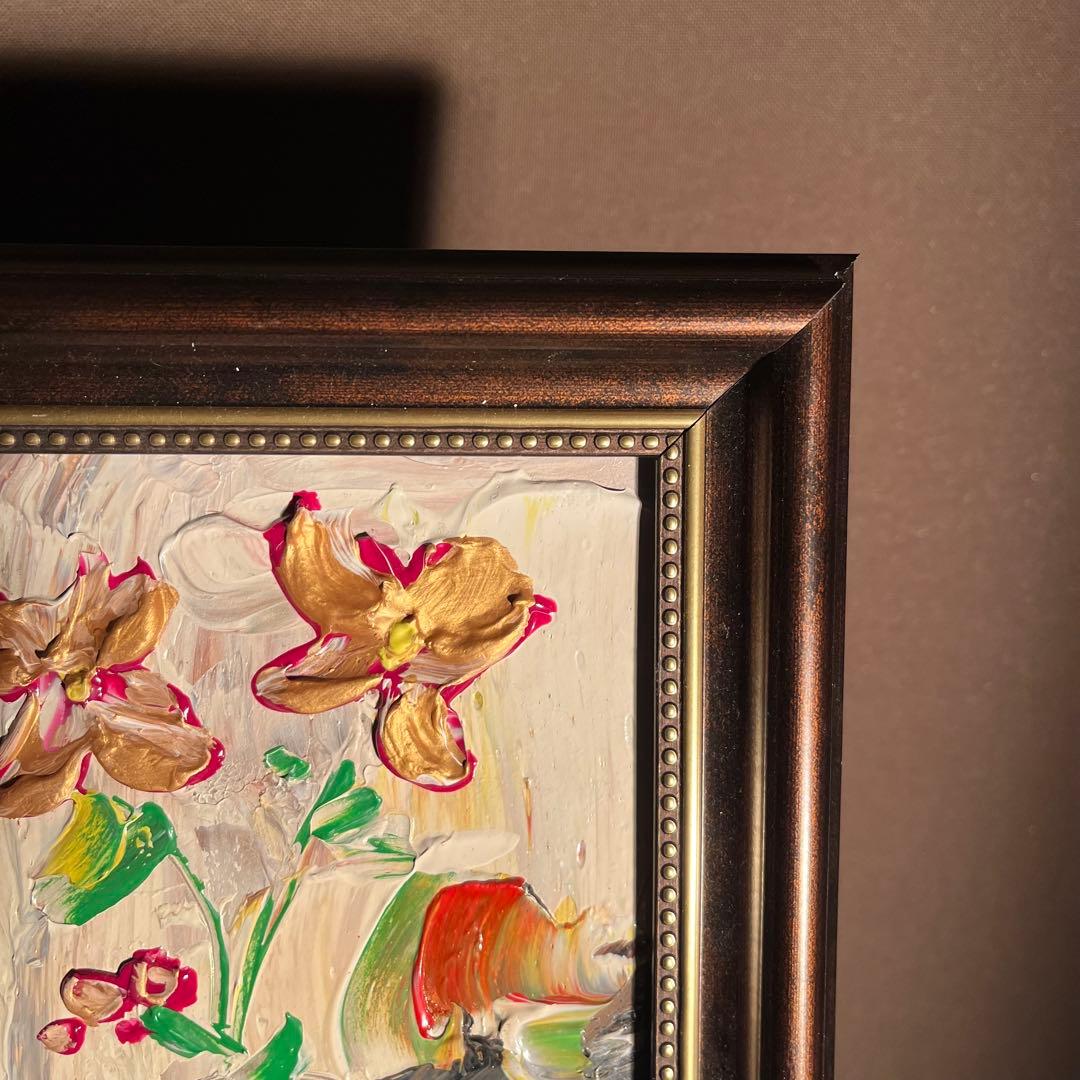 手書き油絵 ゴールドフラワー 額付 絵画 インテリア 油彩画