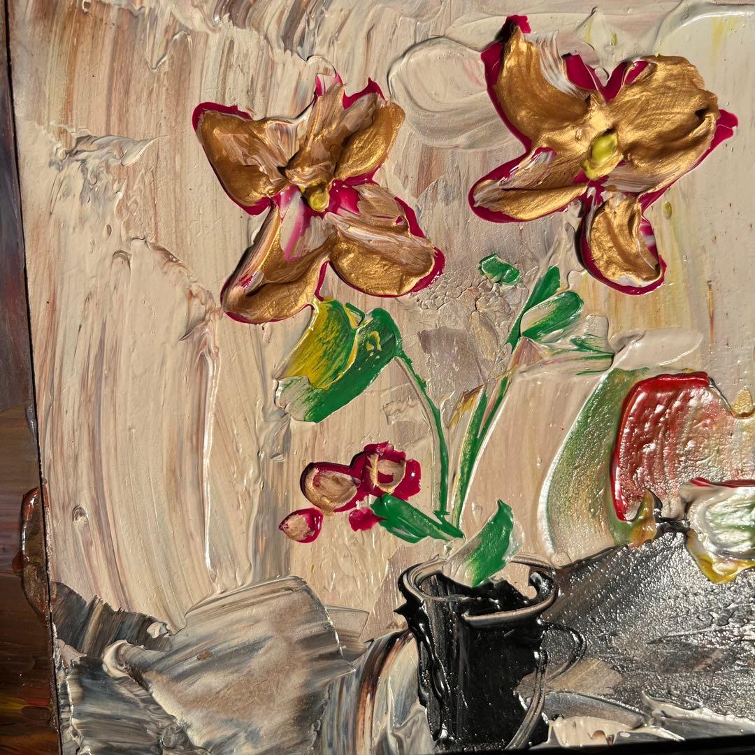 手書き油絵 ゴールドフラワー 額付 絵画 インテリア 油彩画