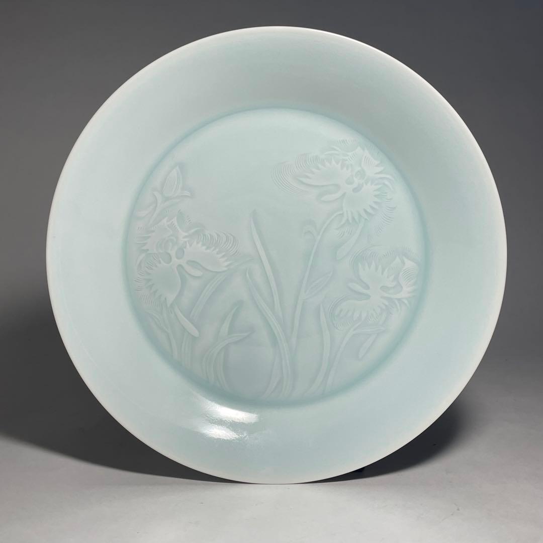 ◇名品 人間国宝 塚本快示 快山窯 青白磁鷺草文皿