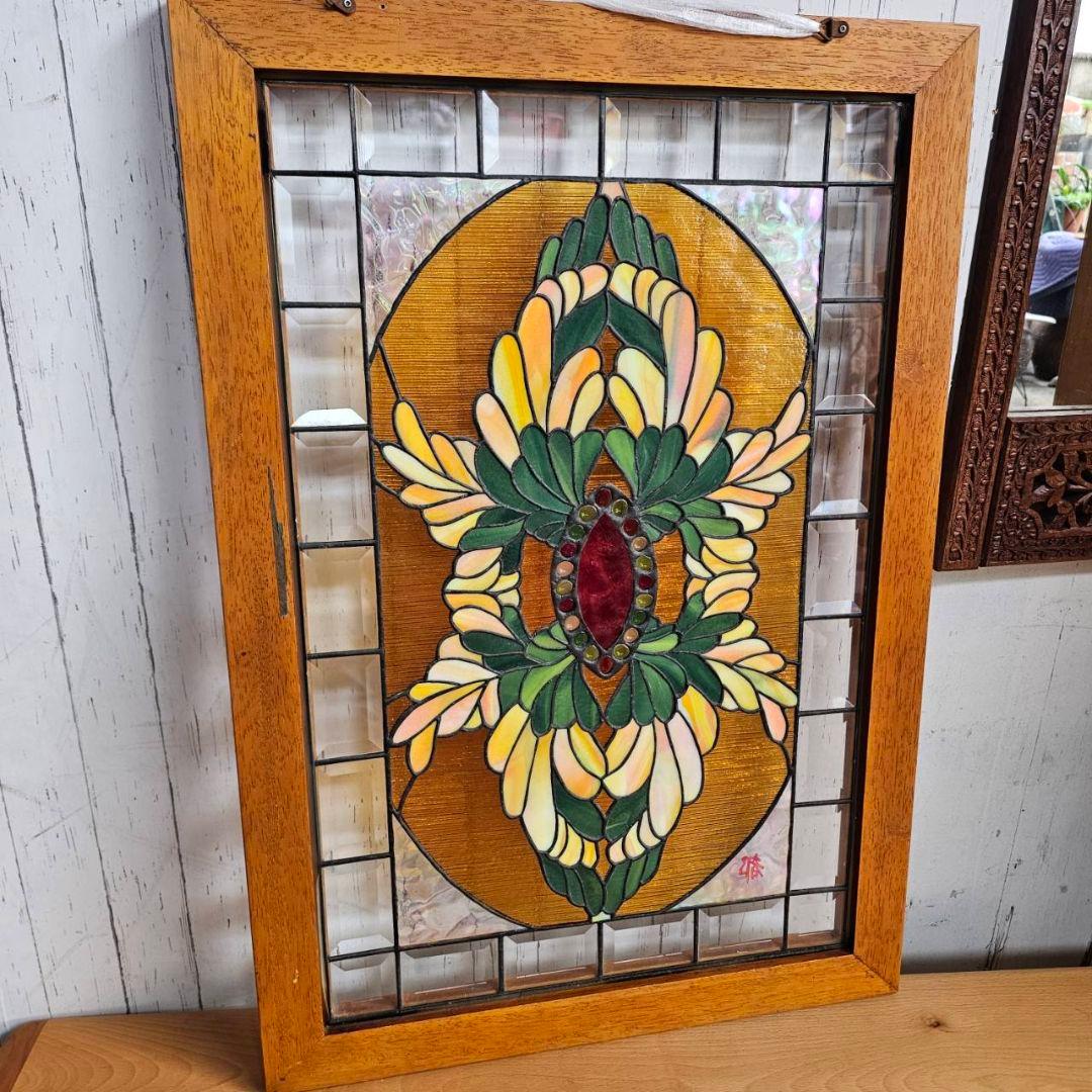 p175/k】花柄 ステンドグラス 木製フレーム インテリア
