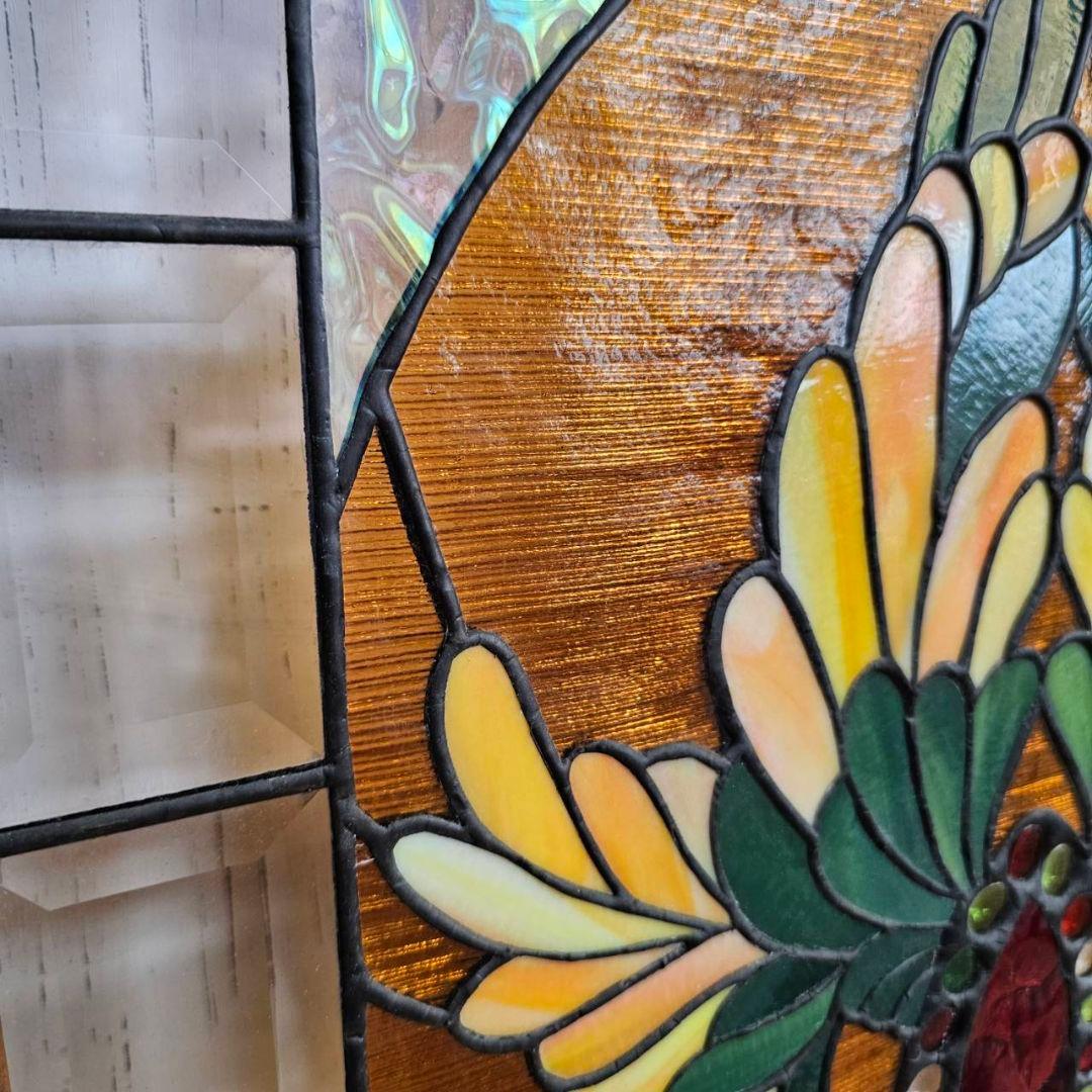 p175/k】花柄 ステンドグラス 木製フレーム インテリア