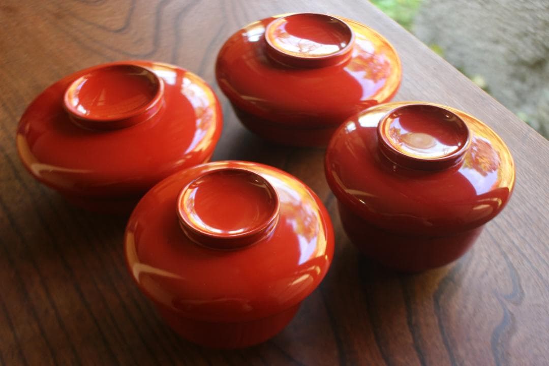 デッドストック！時代朱漆の美しい平椀＆壺椀セット（検輪島塗懐石椀茶道具