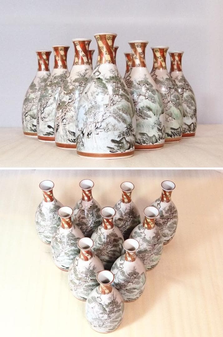 骨董・良品】明治期 九谷焼 於九谷/久香堂 大徳利 10客 山水鶴松