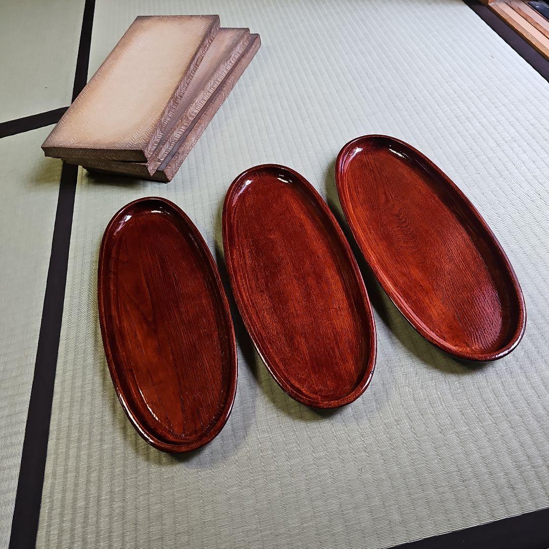 昭和レトロ/1950年代物】漆塗りお盆 天然木製品トレー 茶色 前菜盆3客セット