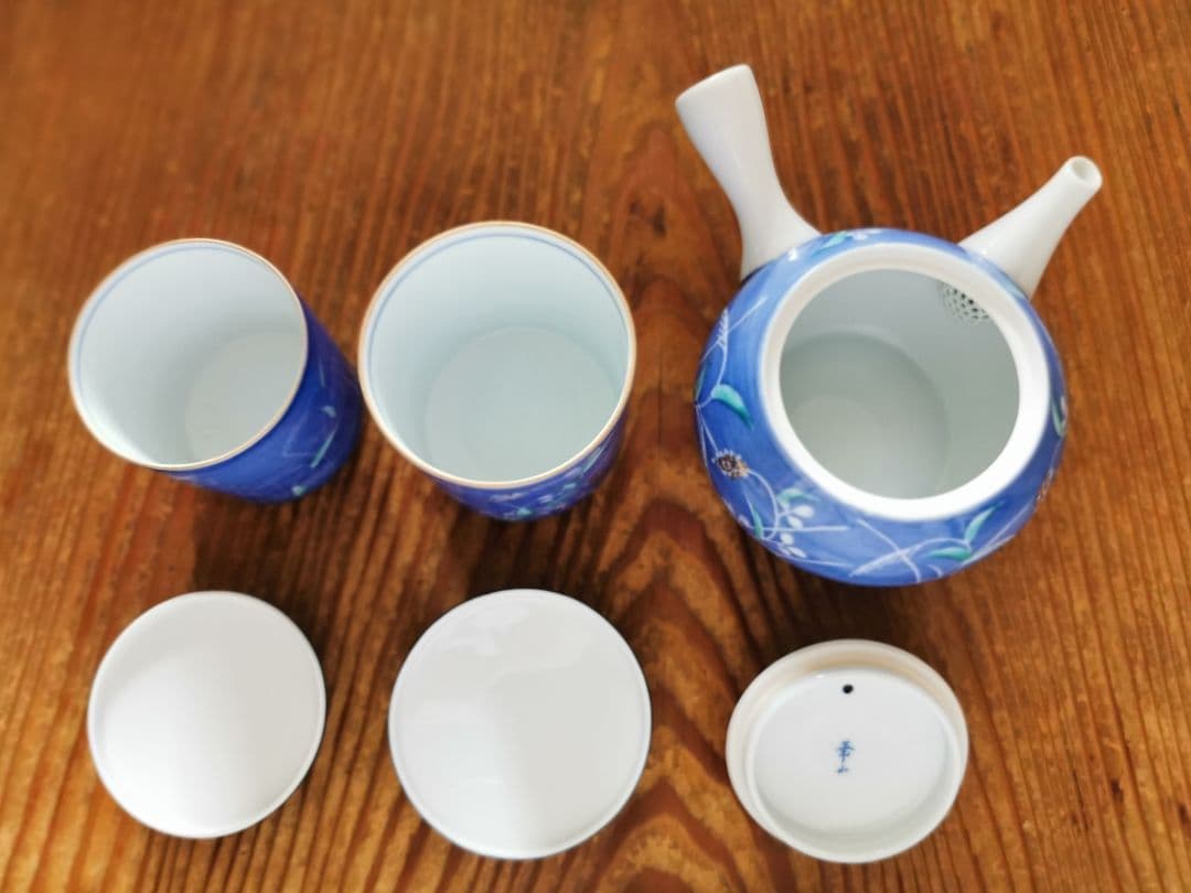 有田焼 萬右衛門 秋草手描き 蓋付きペア夫婦湯呑茶碗＆急須 茶器セット