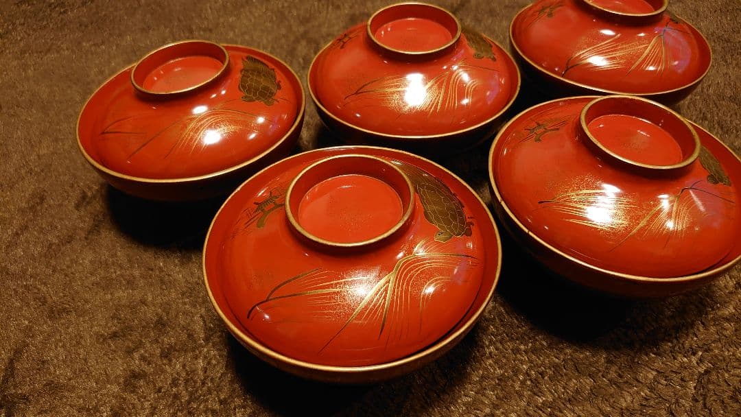 輪島塗　漆器　金蒔絵　蒔絵　蓋椀　亀の図　人間国宝　５客