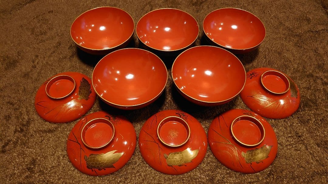 輪島塗　漆器　金蒔絵　蒔絵　蓋椀　亀の図　人間国宝　５客