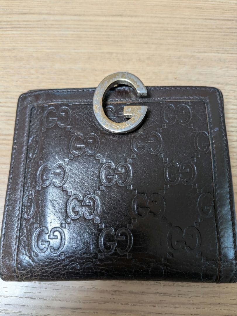 GUCCI シマGG柄レザー 二つ折り財布 ダークブラウン - メルカリ