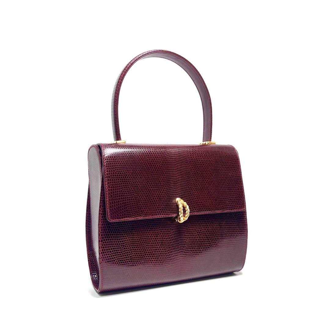【美品】Lizard skin リザード/italy製/ボルドー系/ハンドバッグ