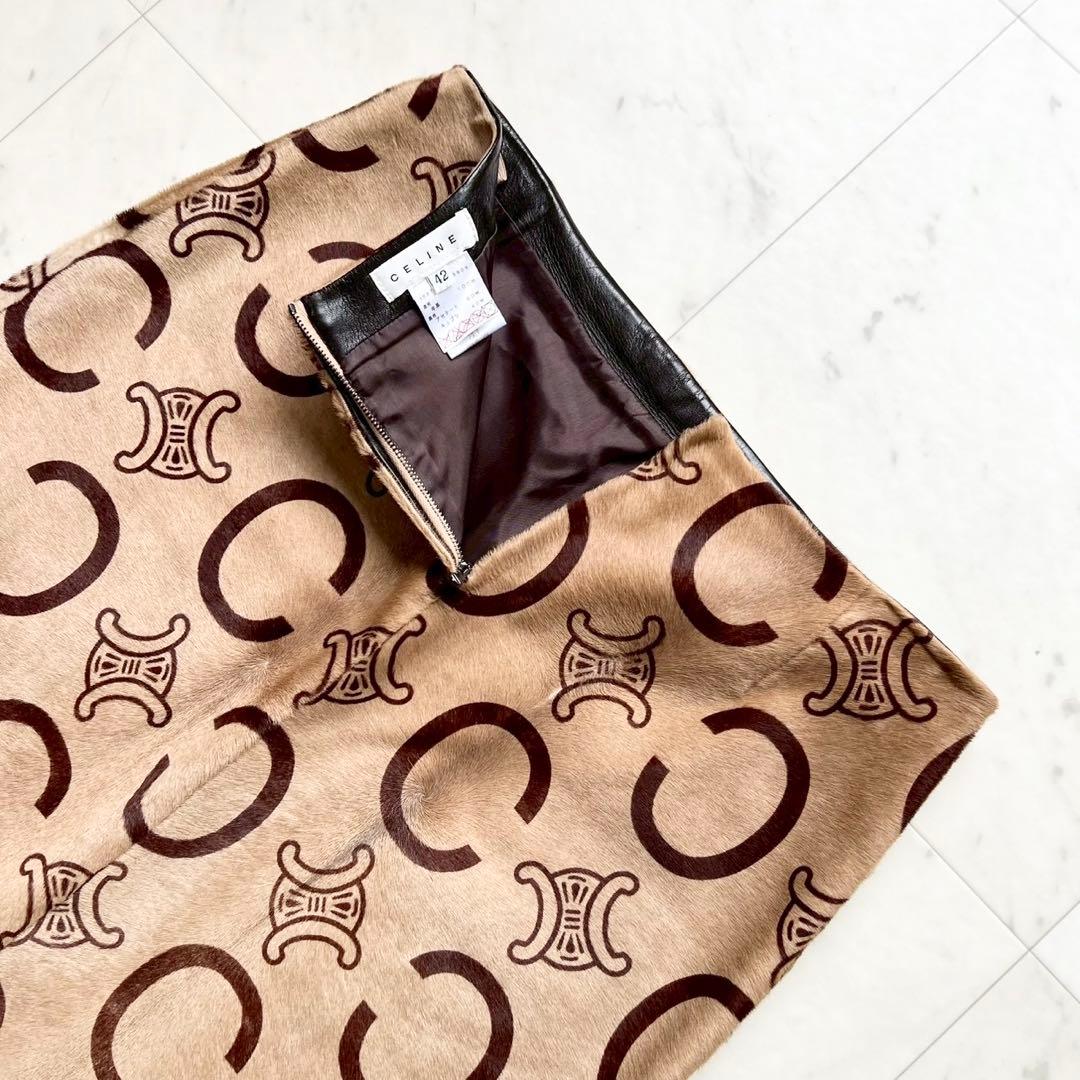 極美品 CELINE Cマカダム トリオンフ ハラコ スカート キャメル 42