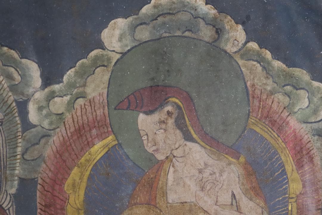 仏教美術 チベットタンカ 四臂観音像 絹本彩色 肉筆 仏画 タンカ 額装