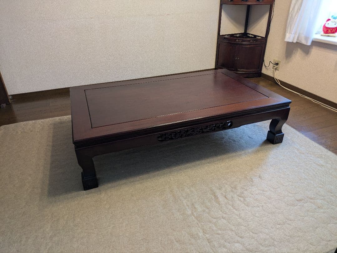 引き取り専用】木製ダークブラウン座卓 彫刻脚付き