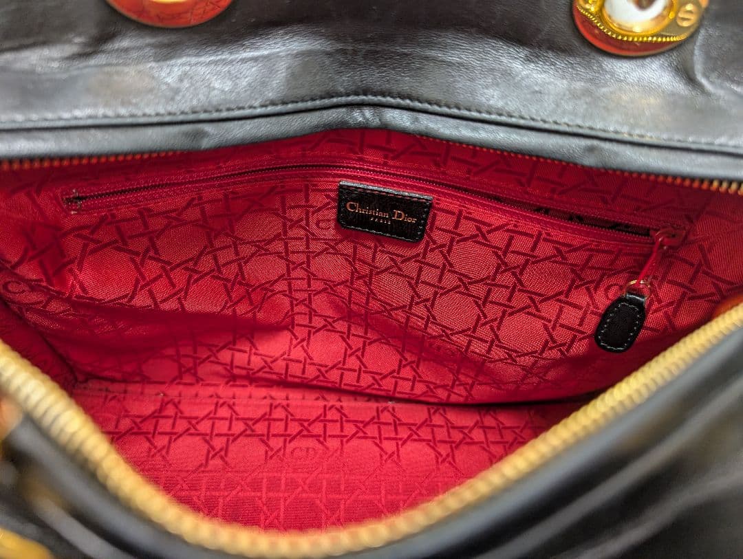 美品 ディオール レディディオール カナージュ レザー ハンドバッグ 黒