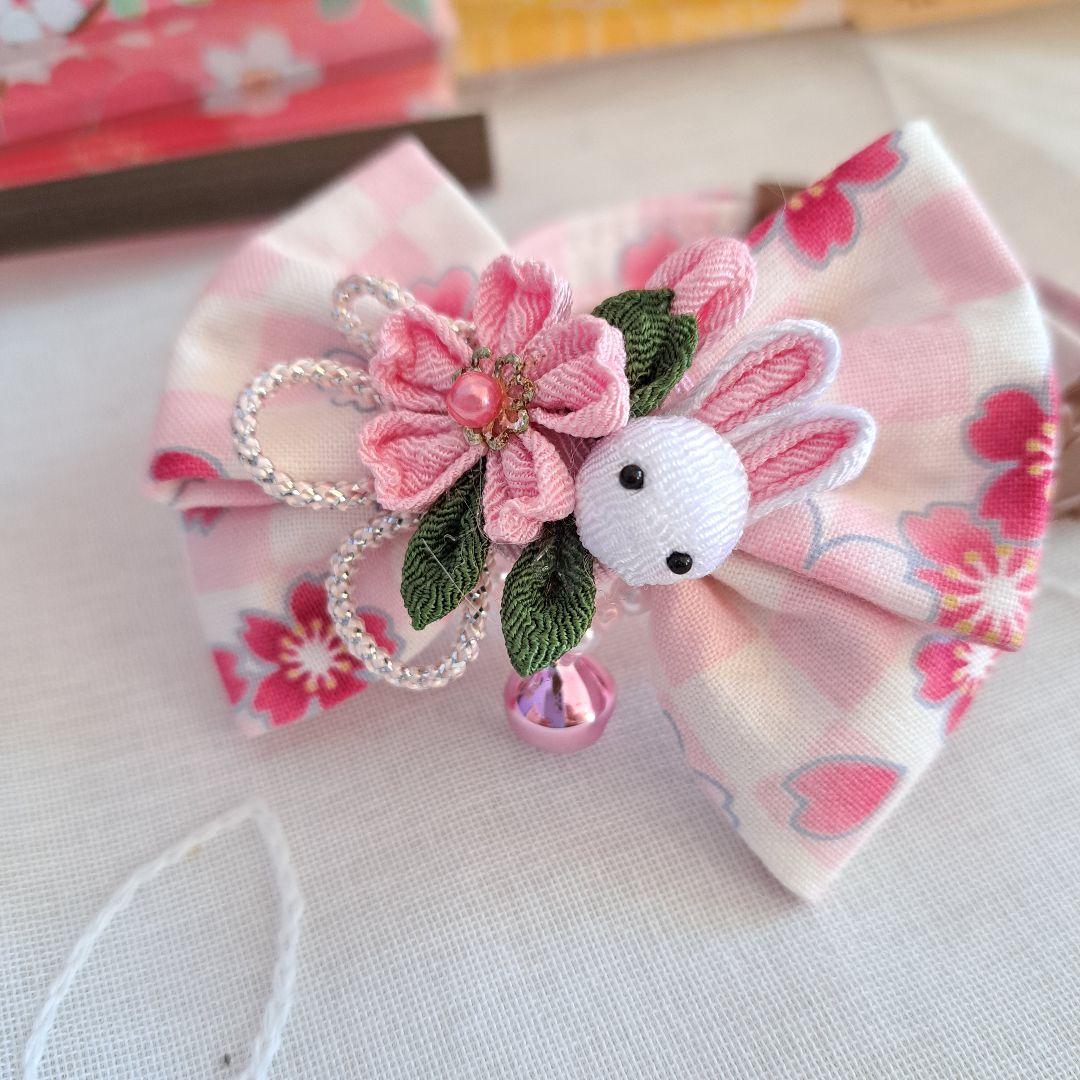 お正月仕様(ピンク②)つまみ細工付き和風リボン、わんちゃん猫ちゃん用