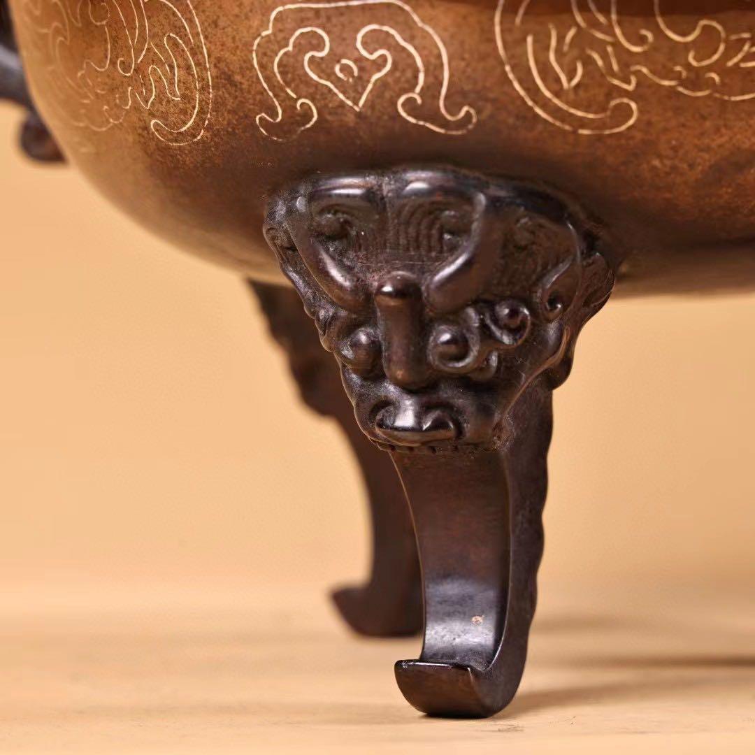 珍品 旧蔵収 精銅 全銅 紫銅 象嵌銀糸 薫香炉