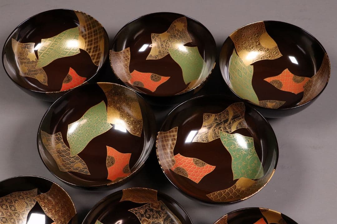 天然木漆塗 小紋伝統柄 蒔絵椀 五客 木箱入 黒塗 木製漆器 汁椀【CL65】