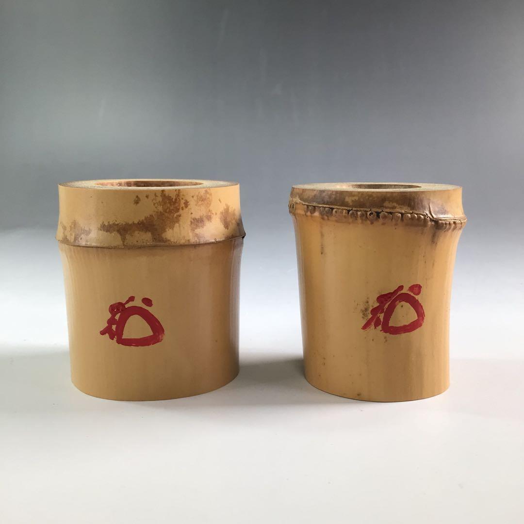 R131 蓋置 一双 『宗秦作』『大徳寺 松長剛山箱書』『竹蓋置』 共