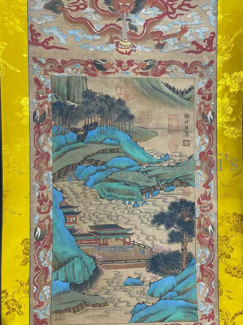 中国古美術 明代 謝時臣款 山水画 掛軸 手描き 絹布 唐物 書画 国画 在銘