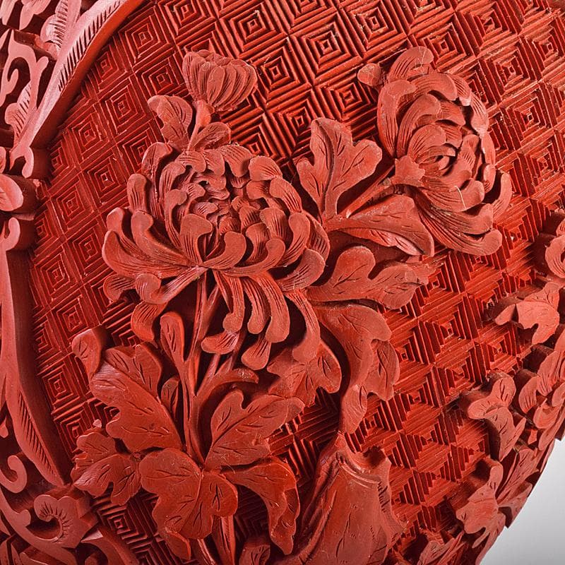 中国　剔紅　堆朱　内七宝　花文瓶　高さ約30㎝　唐木台付　一對　F　R7851B