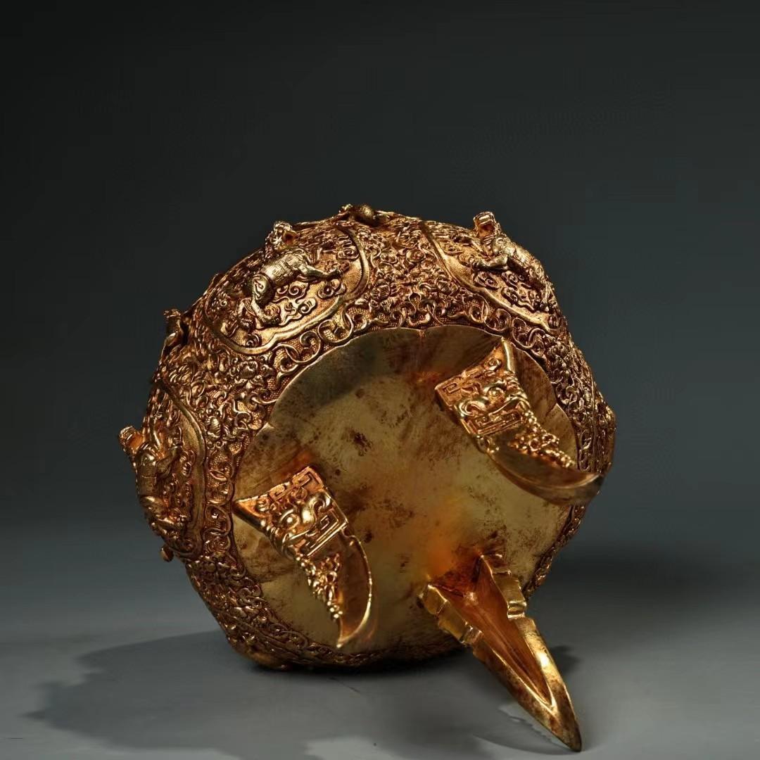 中国古美術・旧蔵鎏金熏香炉・純銅細密彫・純手作り・高浮彫・茶道具・文房具・木箱付