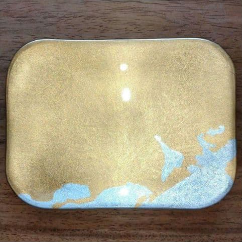 瑞雲金箔竹皿☆平安象彦　箱付き、加賀金箔きらら胴張銘々皿５枚・菓子切５本　箱付き