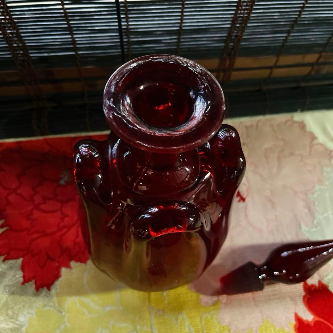 骨董 時代ガラス 銅赤被せガラス 古作 水差し デカンタ カラフェ