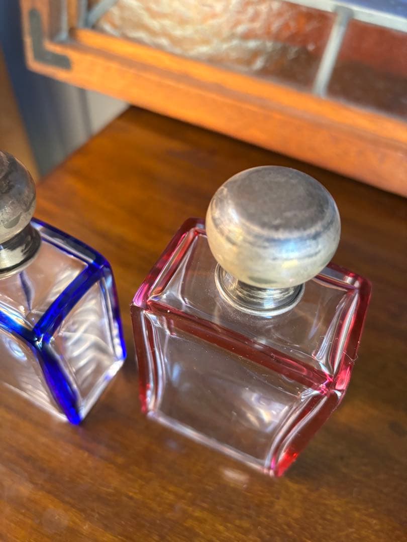 フランス アンティーク ガラス香水瓶 2点セット ブルー&レッド