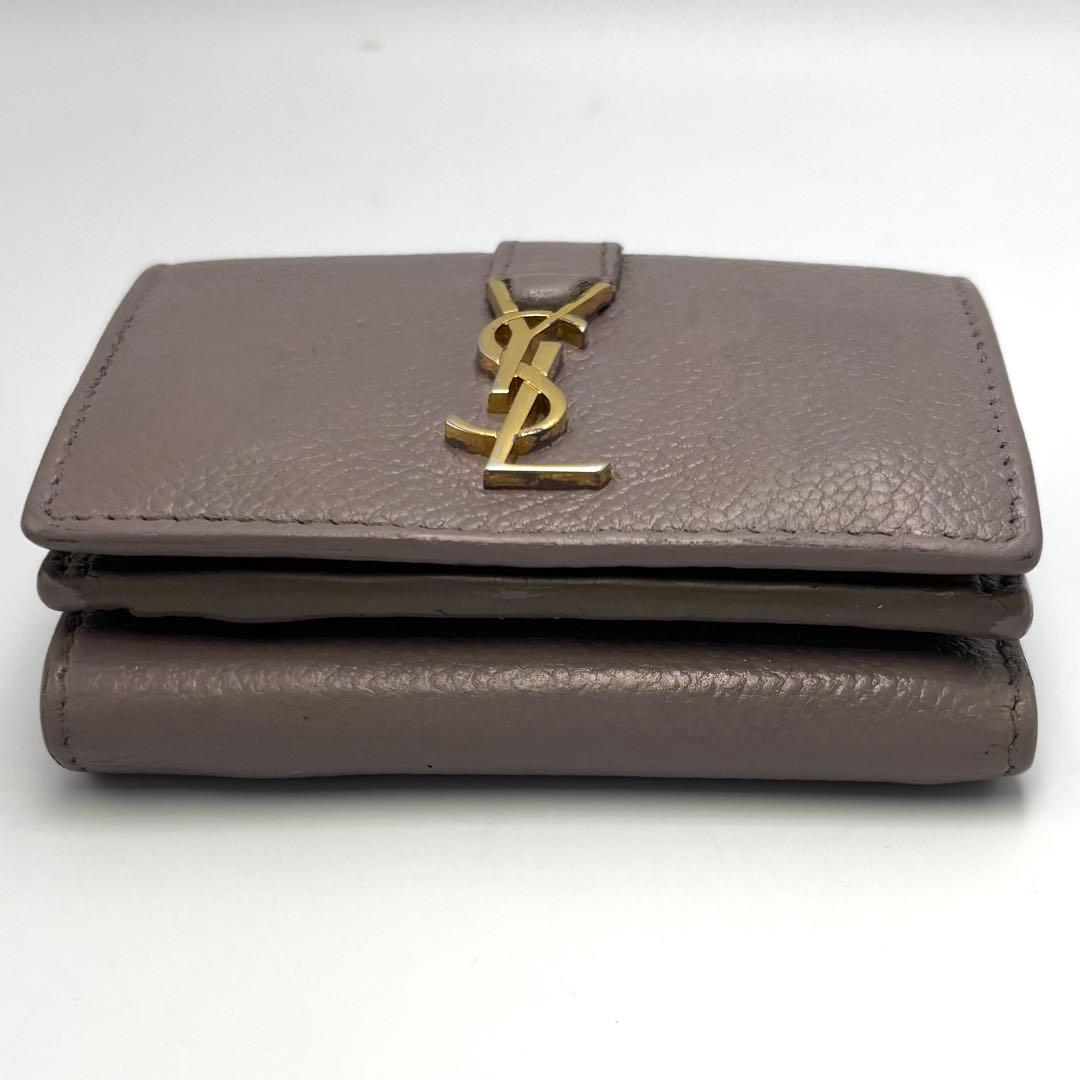 サンローラン 三つ折り財布 グレージュ レザー ゴールドロゴ