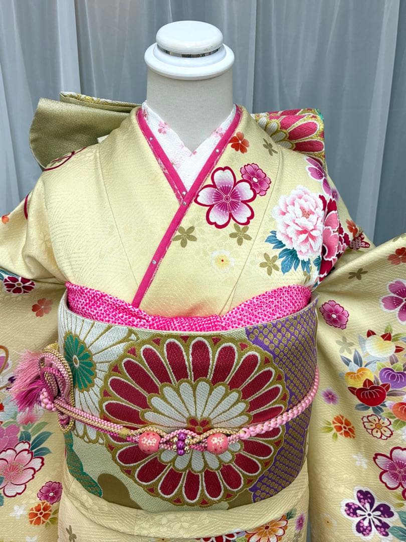 成人式 振袖フルセット 1140 薄黄色&ピンク 正絹 振袖 格安！