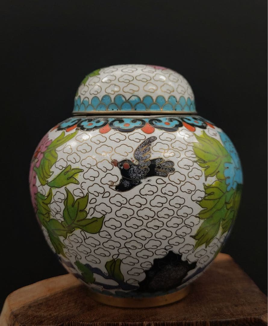 中國美術 古玩 景泰藍 花鳥紋樣白地 七宝焼 茶入 茶筒 茶道具