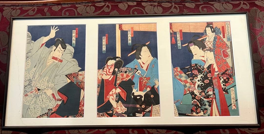 版画 歌川国虎 3枚綴 歌舞伎絵 市川團十郎 KABUKI 浮世絵 木