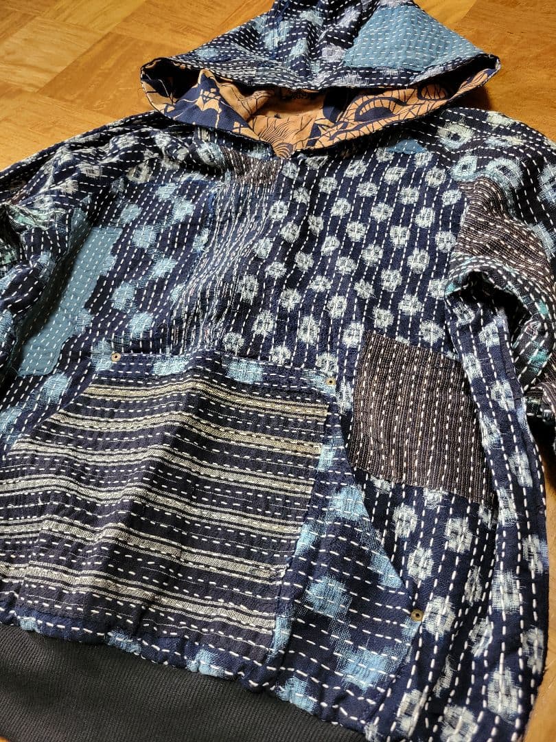 め0129古布リメイク木綿絣襤褸柿渋染め刺し子リバーシブルパ－カーハンドメイド