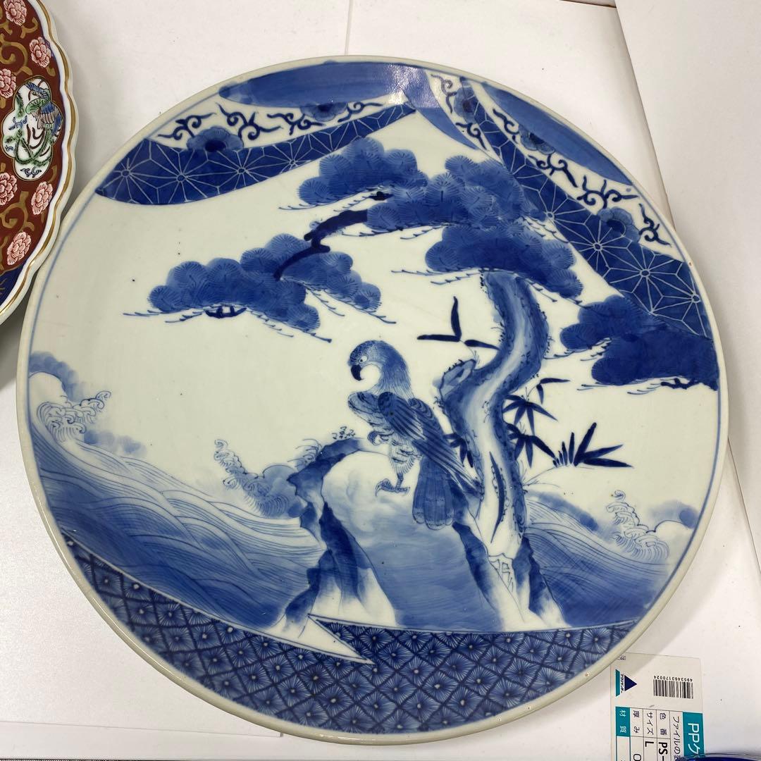 古伊万里　染錦　染付大皿4枚　美人画木箱付　タニコ　東さ7-0626⑥