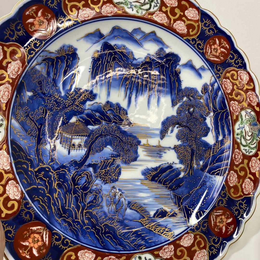 古伊万里　染錦　染付大皿4枚　美人画木箱付　タニコ　東さ7-0626⑥