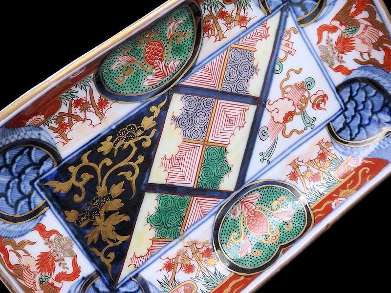 大聖寺伊万里 金襴手 宝尽くしに鳳凰 石畳紋の図 長皿 1296AS-DCn