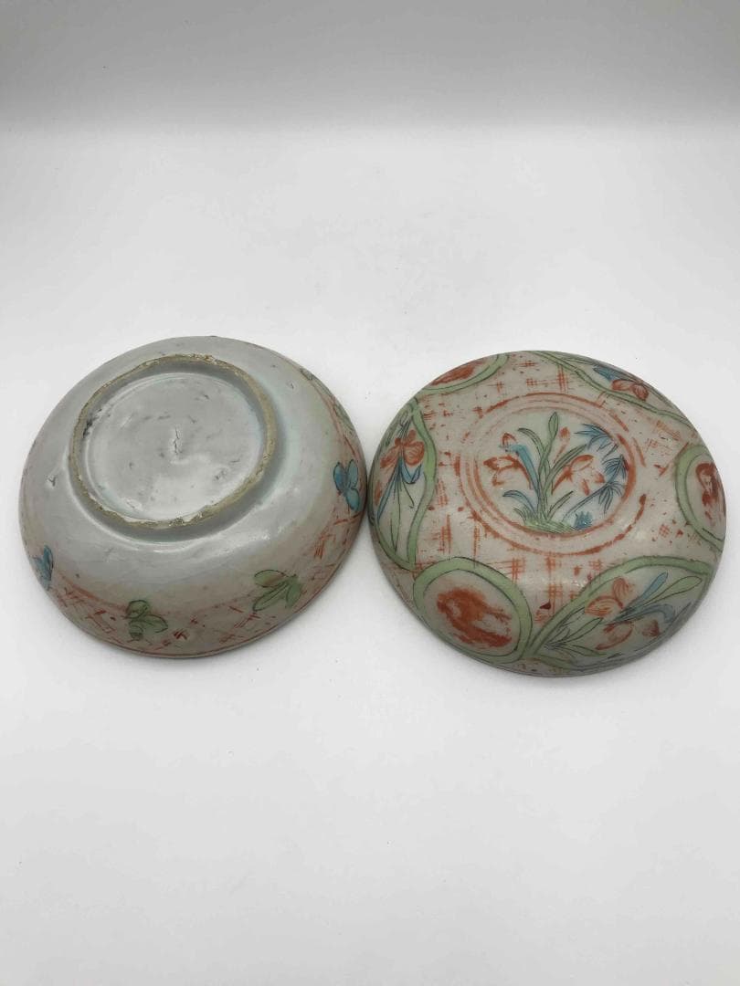 明時代 紅綠彩祥瑞蓮池花卉文 五彩印泥合子 香盒 香合 茶道具(C-