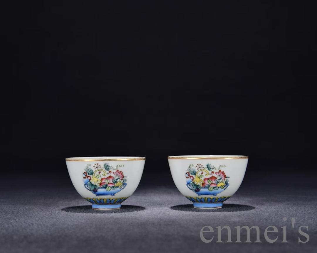 中国古美術・旧蔵・清乾隆粉彩多宝図杯セット・銘紋・唐物・茶碗