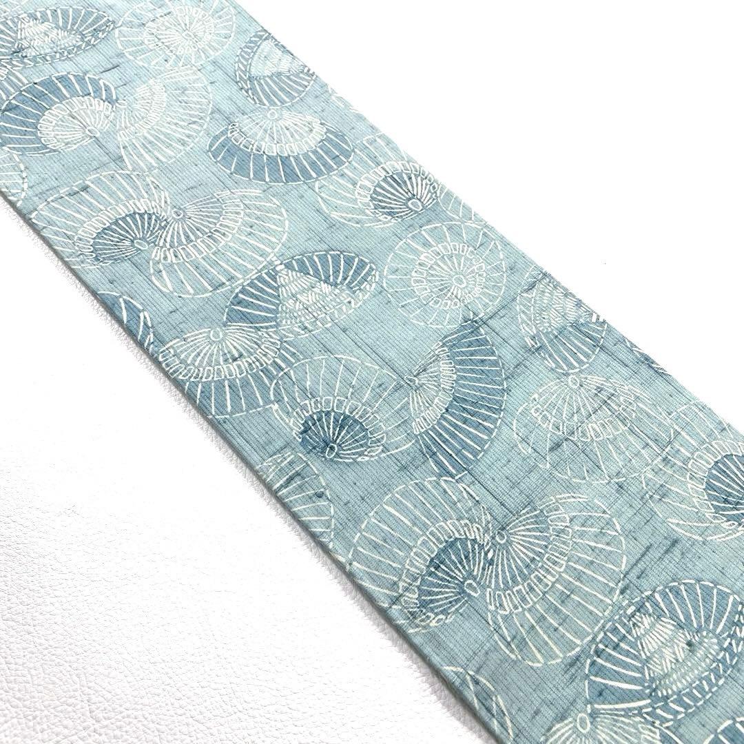 帯5062 ○高級 正絹 紬 型染 名古屋仕立て 名古屋帯 番傘