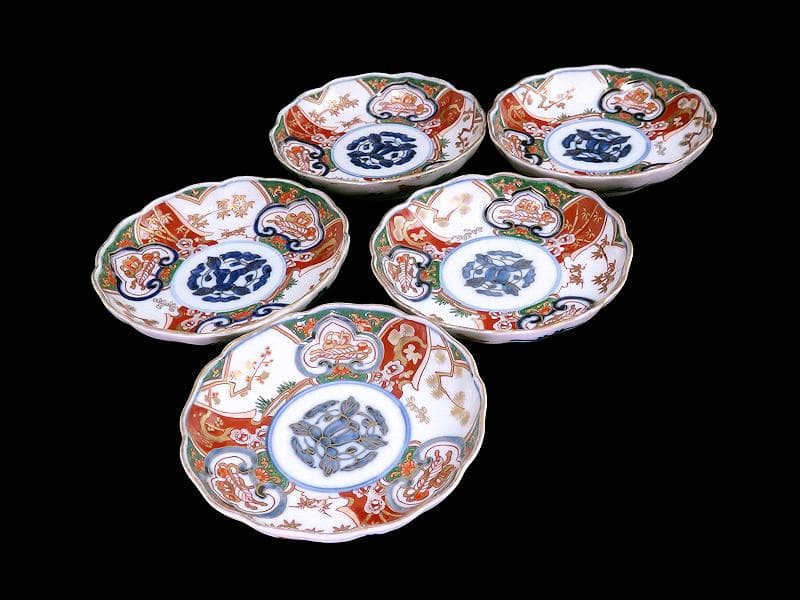 古伊万里 金襴手 窓絵 宝尽くしに松竹梅の図 4寸皿 5枚 B091AS-CZa