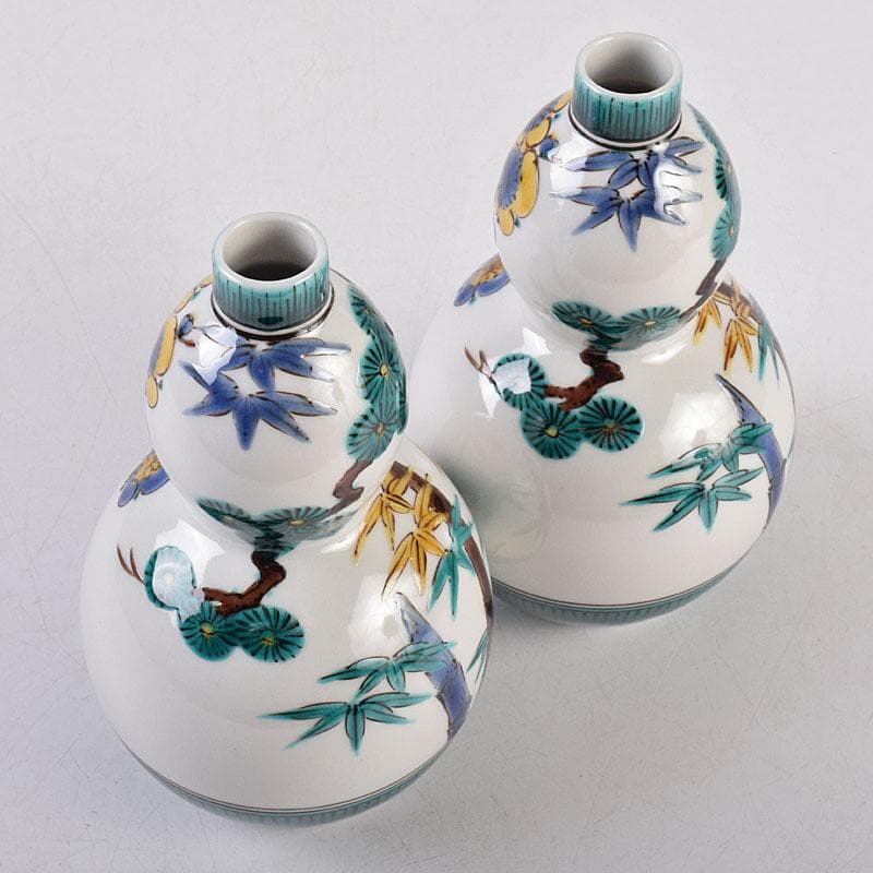 九谷焼 三代三ツ井為吉作 色絵松竹梅文 瓢箪徳利 一對 共箱 C