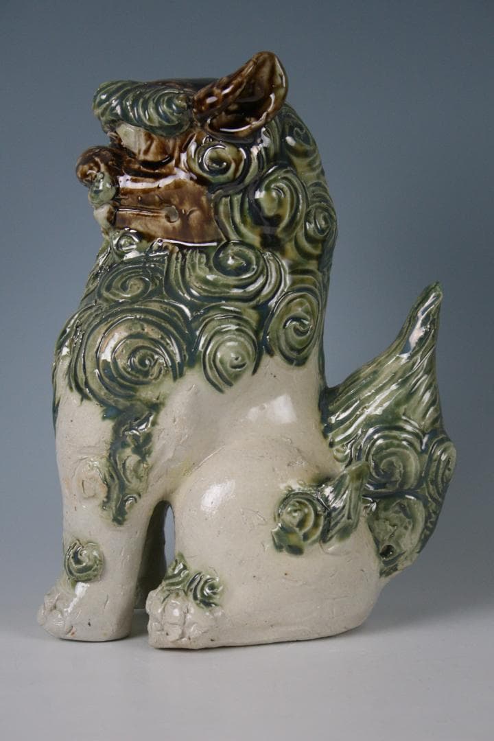 金城敏徳 作 緑釉立シーサー（特大）1対 金城敏徳 作 呉須立シーサー（