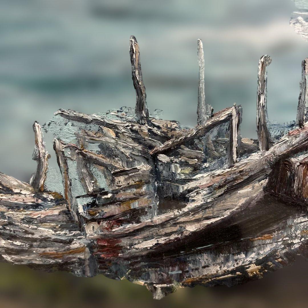 海と船の油彩画 白金フレーム付き 藤原 正幸 【廃船】 QW4348 海と