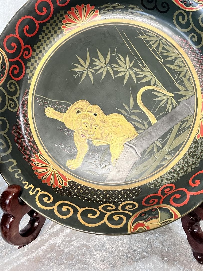 金蒔絵龍虎紋入れ子盆　一対　共箱　幕末～明治期