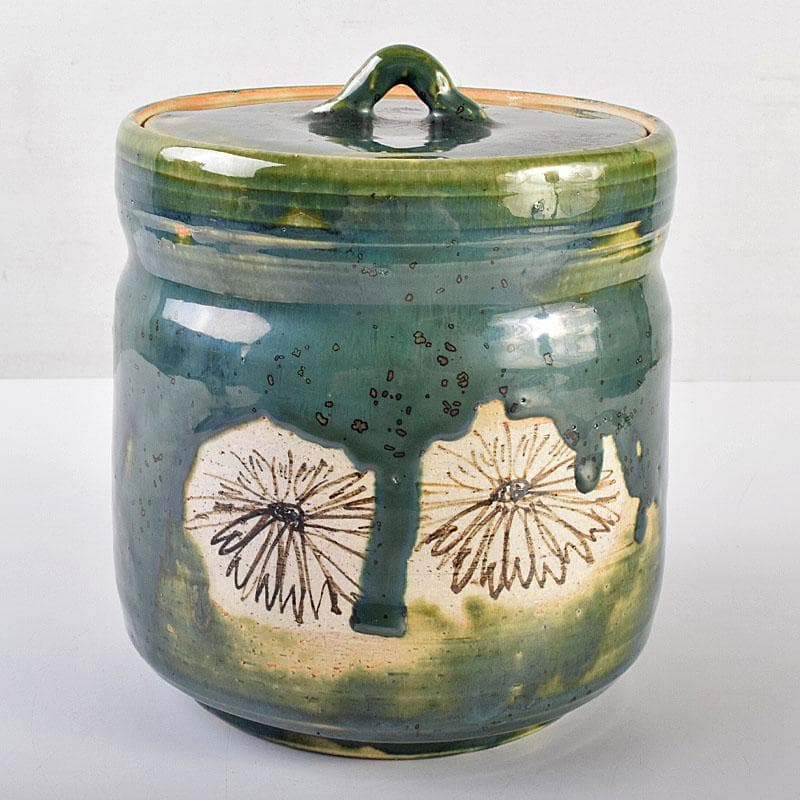 北大路魯山人作 織部焼 青織部 花文 水指 荒川豊蔵極め箱 M