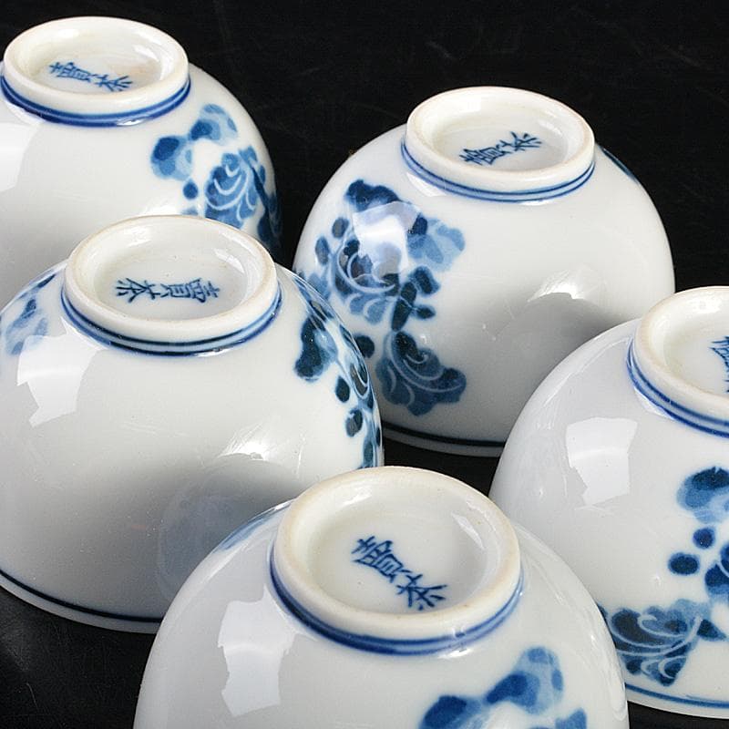煎茶道具 賣茶好 染付 亥年白菜文 煎茶碗 5客 共箱
