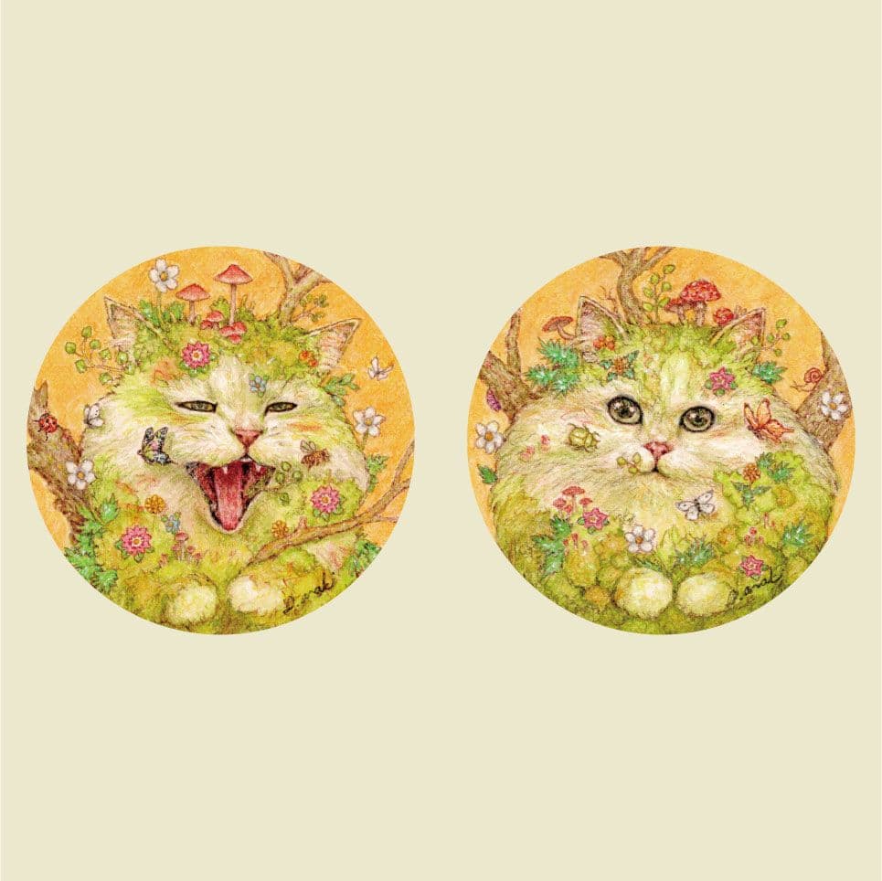 【原画】『苔むした猫　阿吽』植物　絵画　アンティーク